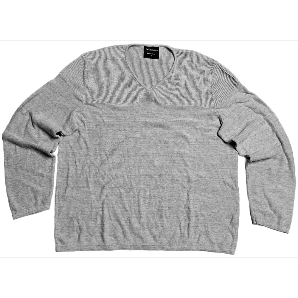 Calvin Klein Jeans Men's Light Gray Cotton‎ Blend V Neck Knit Sweater Size XL